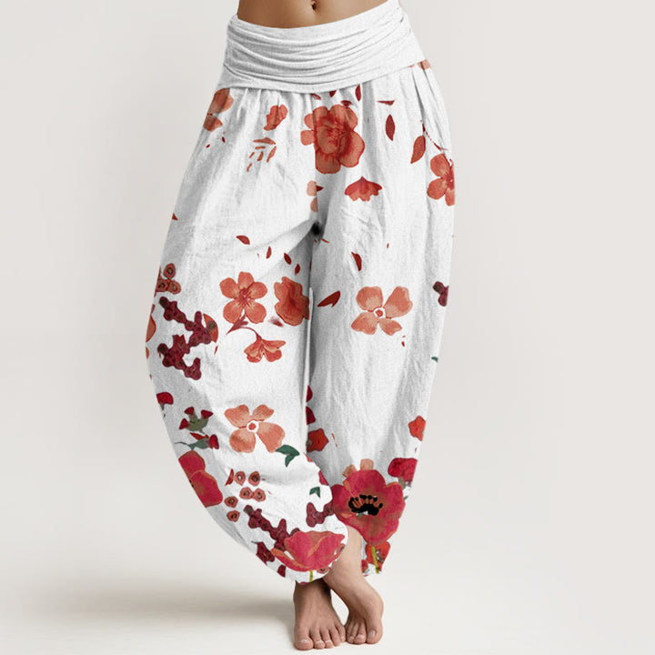 Buddha Stones Cotton Red Flowers Common Poppy Design Women's Elastic Waist Harem Pants - Beige - US22，UK/AU26，EU54 (6XL) - image 7