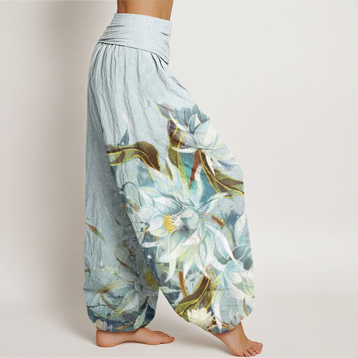 Buddha Stones Epiphyllum Flowers Design Women's Elastic Waist Harem Pants - image 2