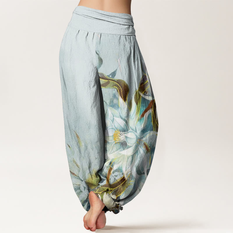 Buddha Stones Cotton Epiphyllum Flowers Design Women's Elastic Waist Harem Pants - image 1