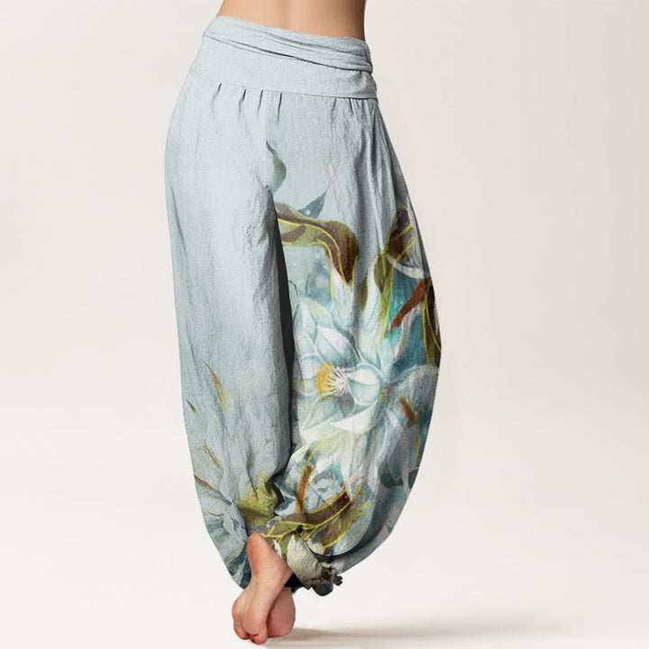 Buddha Stones Epiphyllum Flowers Design Women's Elastic Waist Harem Pants - image 1