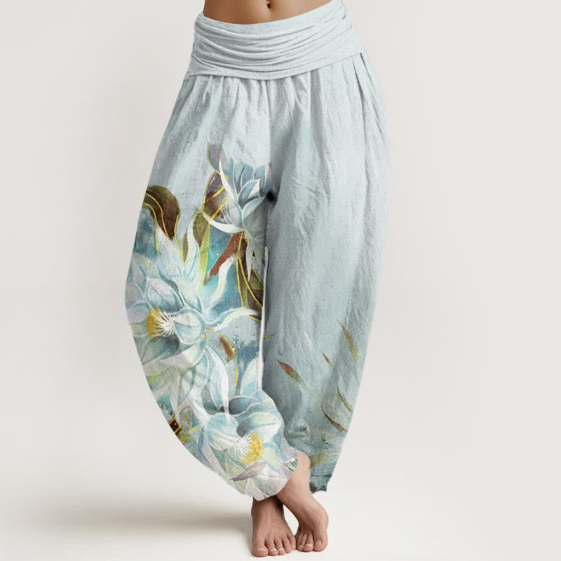 Buddha Stones Epiphyllum Flowers Design Women's Elastic Waist Harem Pants - LightCyan - US22，UK/AU26，EU54 (6XL) - image 0