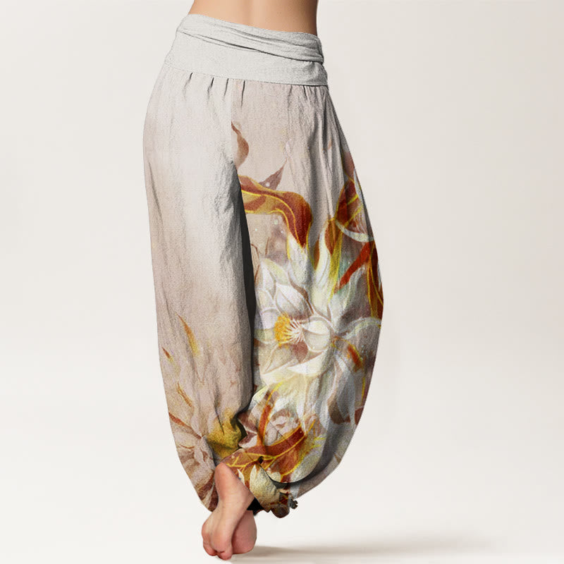 Buddha Stones Epiphyllum Flowers Design Women's Elastic Waist Harem Pants - image 5