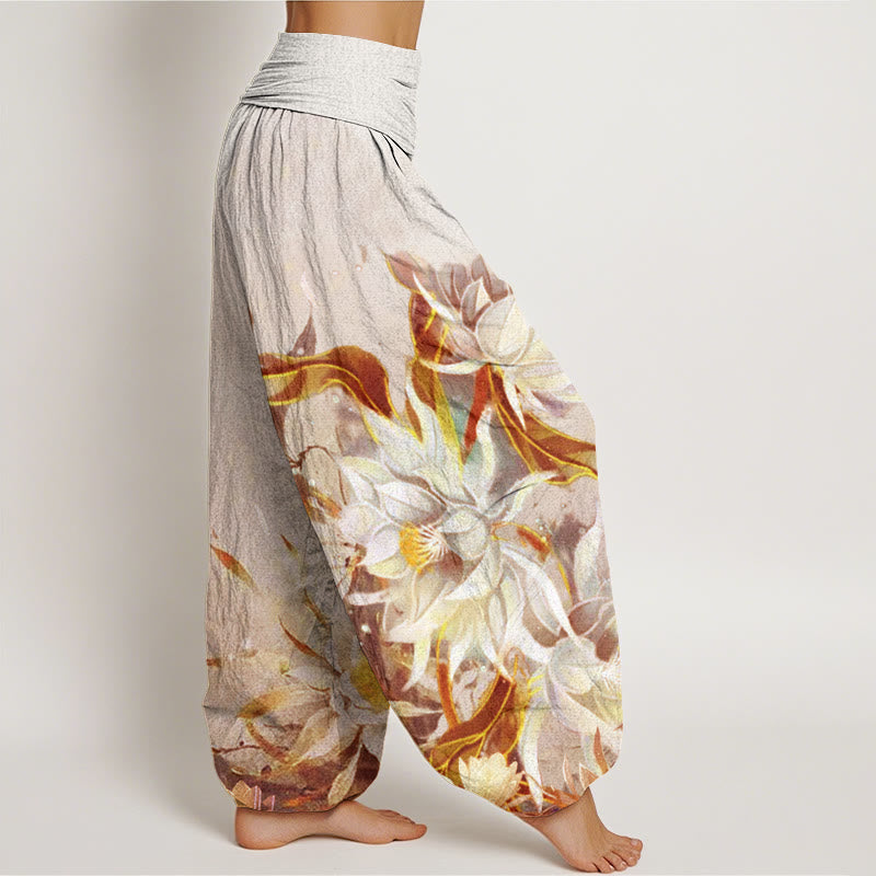 Buddha Stones Epiphyllum Flowers Design Women's Elastic Waist Harem Pants - image 6