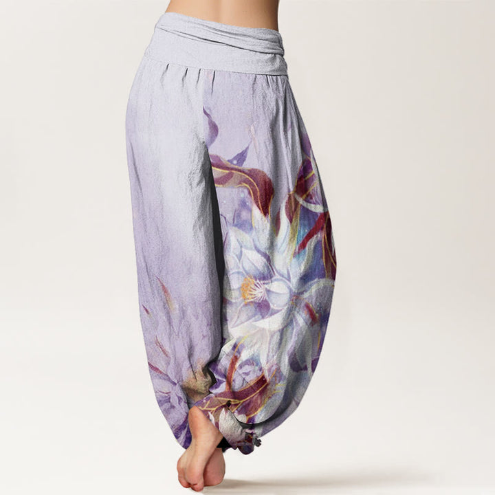 Buddha Stones Cotton Epiphyllum Flowers Design Women's Elastic Waist Harem Pants - image 8