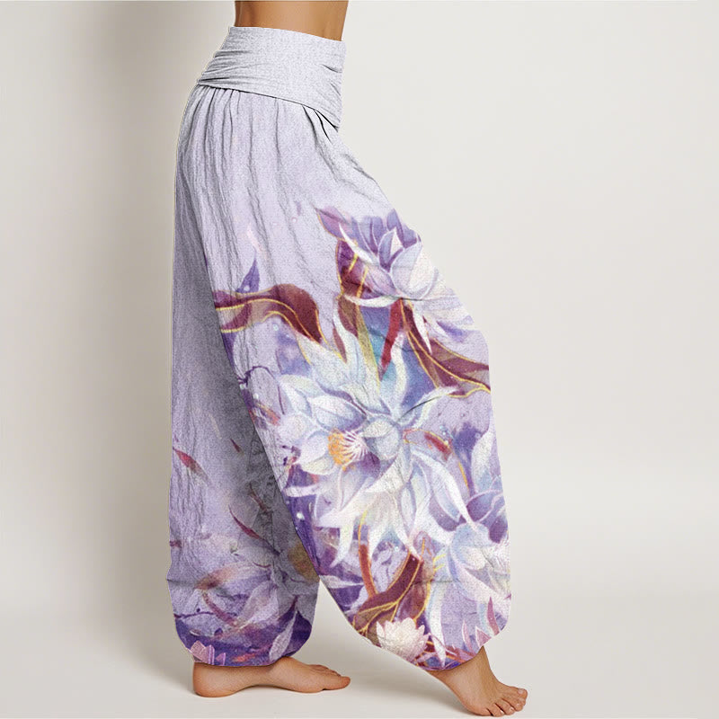 Buddha Stones Cotton Epiphyllum Flowers Design Women's Elastic Waist Harem Pants - image 9