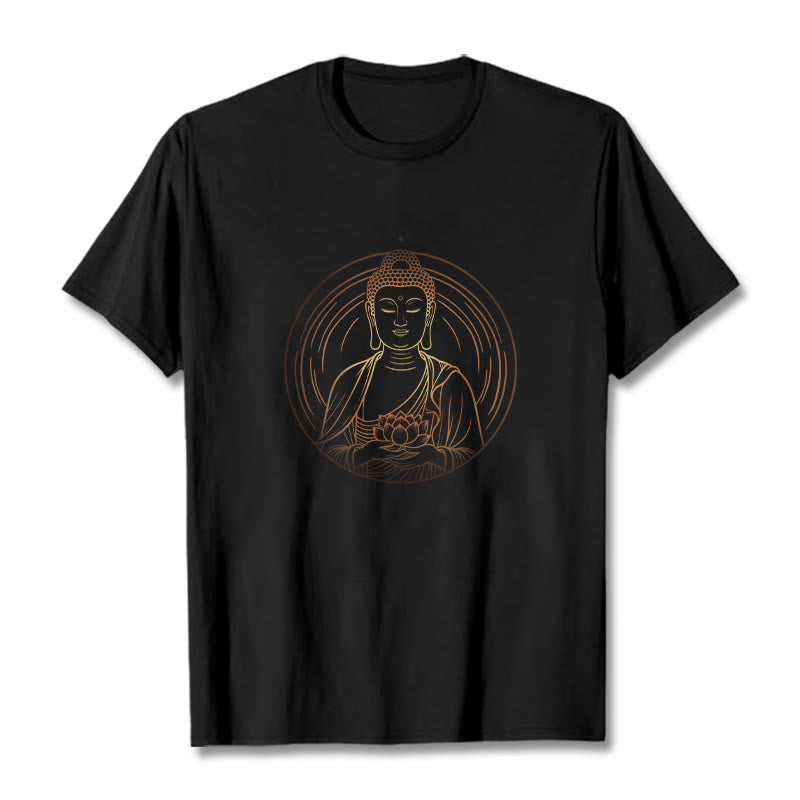 Buddha Stones Golden Buddha Holding A Lotus Flower Tee T-shirt - Black - 2XL - image 0