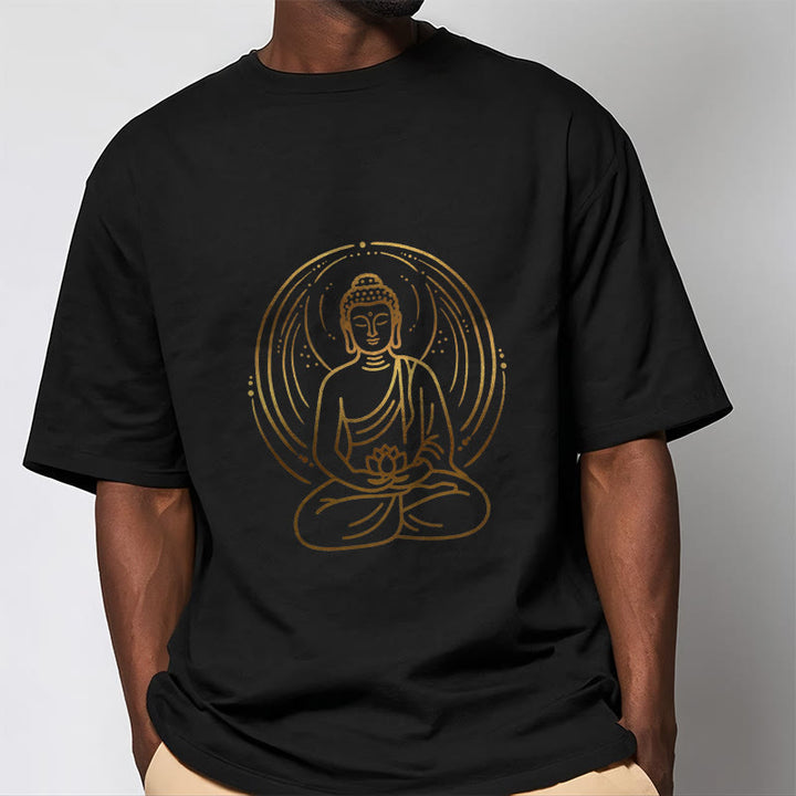 Buddha Stones Golden Meditation Buddha Halo Holding A Lotus Flower Tee T-shirt - image 4