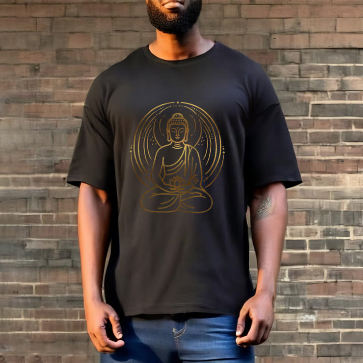 Buddha Stones Golden Meditation Buddha Halo Holding A Lotus Flower Tee T-shirt - image 5
