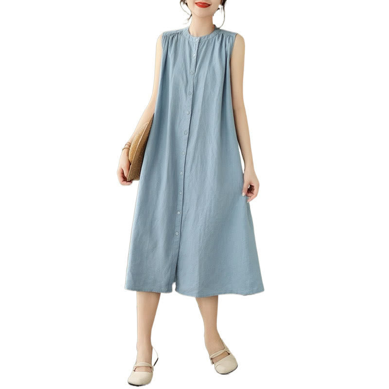 Buddha Stones Plain Single Breasted Pleated Design Sleeveless Cotton Linen Midi Dress - image 18