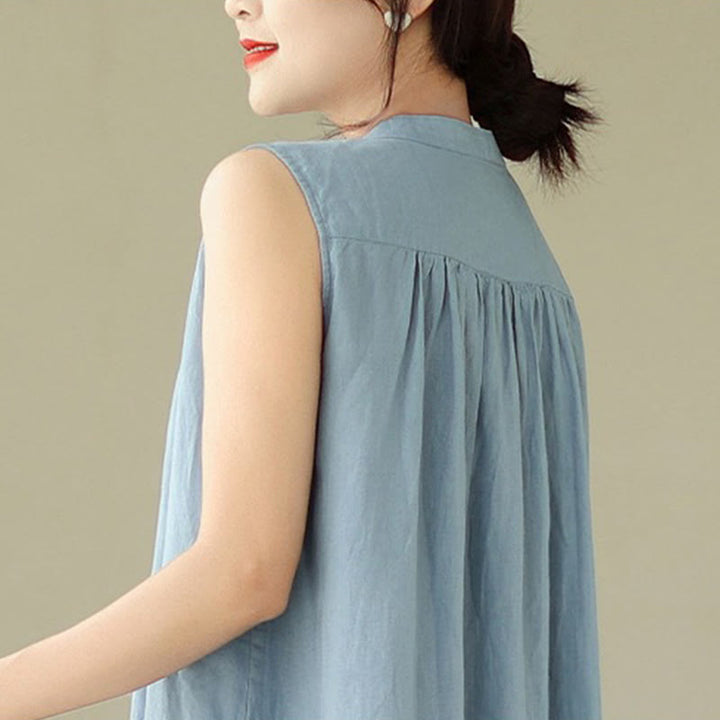 Buddha Stones Plain Single Breasted Pleated Design Sleeveless Cotton Linen Midi Dress - image 16