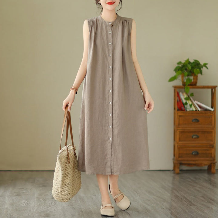 Buddha Stones Plain Single Breasted Pleated Design Sleeveless Cotton Linen Midi Dress - image 8