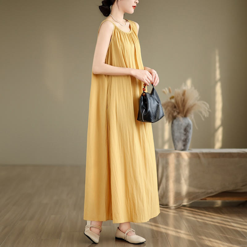 Buddha Stones Summer Casual Plain Pleated Design Sleeveless Crew Neck Cotton Midi Dress With Pockets - image 6