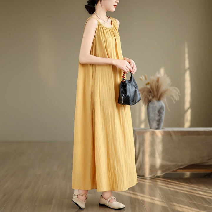 Buddha Stones Summer Casual Plain Pleated Design Sleeveless Crew Neck Cotton Midi Dress With Pockets - image 6