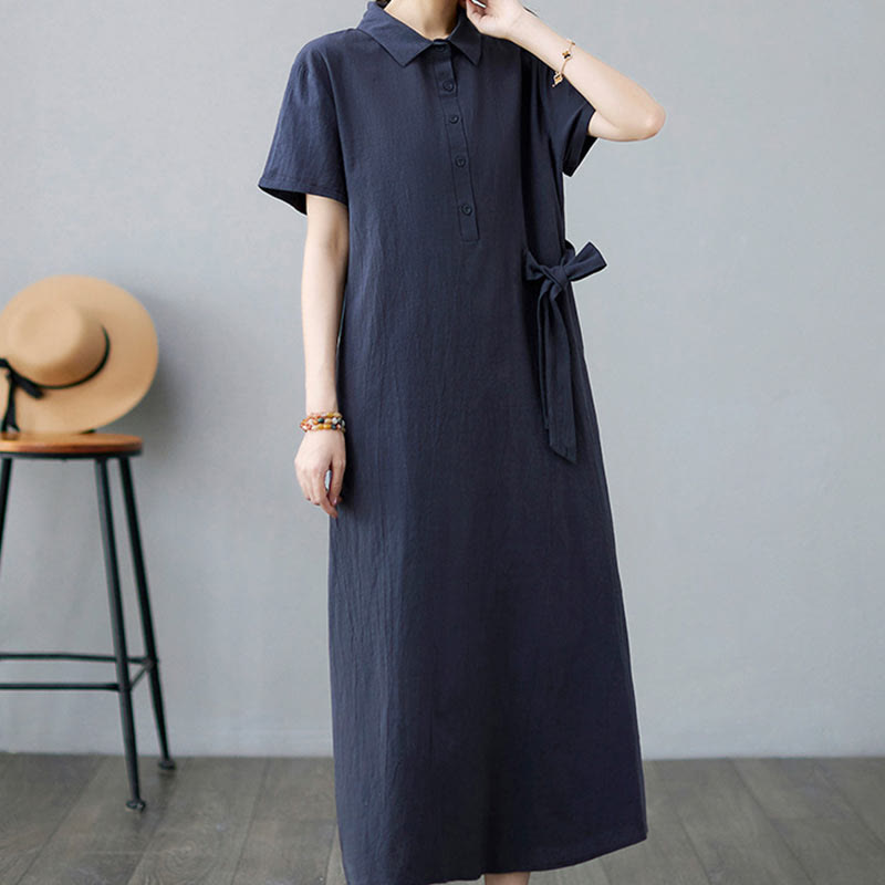 Buddha Stones Casual Plain Side Lace-Up Lapel Short Sleeve Cotton Linen Midi Dress With Pockets - image 22