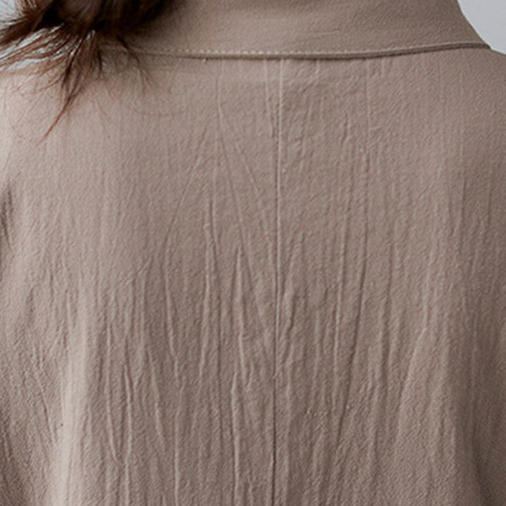 Buddha Stones Casual Plain Side Lace-Up Lapel Short Sleeve Cotton Linen Midi Dress With Pockets - image 7