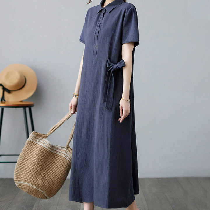 Buddha Stones Casual Plain Side Lace-Up Lapel Short Sleeve Cotton Linen Midi Dress With Pockets - image 24