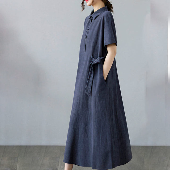 Buddha Stones Casual Plain Side Lace-Up Lapel Short Sleeve Cotton Linen Midi Dress With Pockets - image 23