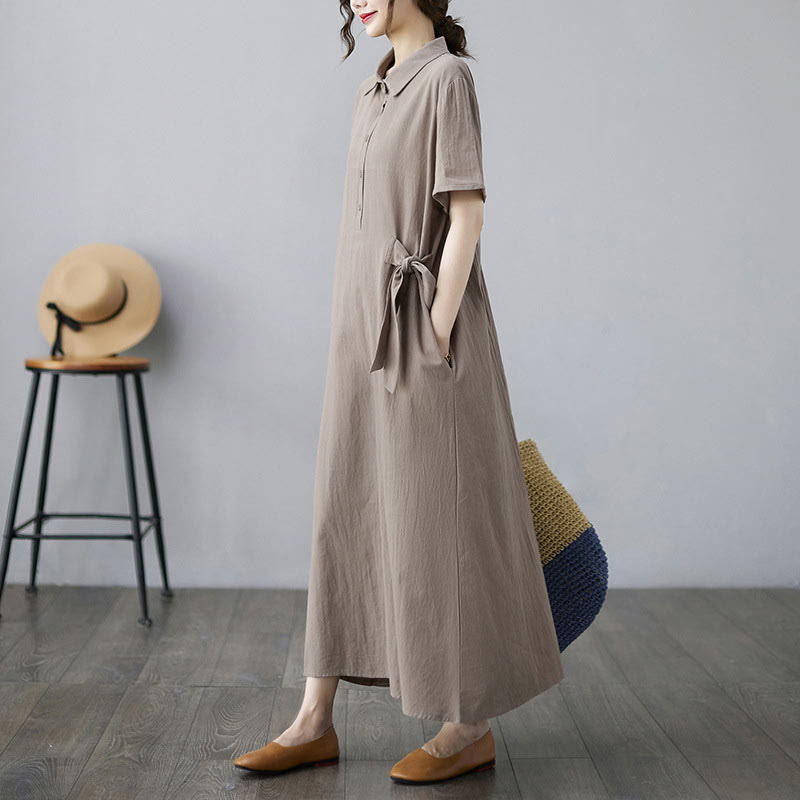 Buddha Stones Casual Plain Side Lace-Up Lapel Short Sleeve Cotton Linen Midi Dress With Pockets - image 1