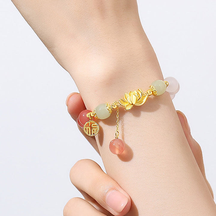 Buddha Stones 925 Sterling Silver Natural Gradient Agate Hetian Jade Lotus Fu Character Enlightenment Bracelet - image 4