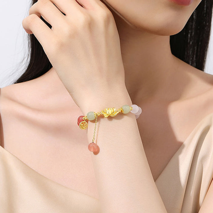 Buddha Stones 925 Sterling Silver Natural Gradient Agate Hetian Jade Lotus Fu Character Enlightenment Bracelet - image 8