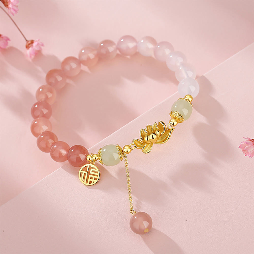 Buddha Stones 925 Sterling Silver Natural Gradient Agate Hetian Jade Lotus Fu Character Enlightenment Bracelet - image 7