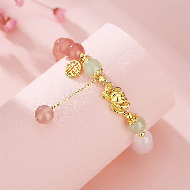 Buddha Stones 925 Sterling Silver Natural Gradient Agate Hetian Jade Lotus Fu Character Enlightenment Bracelet - image 3