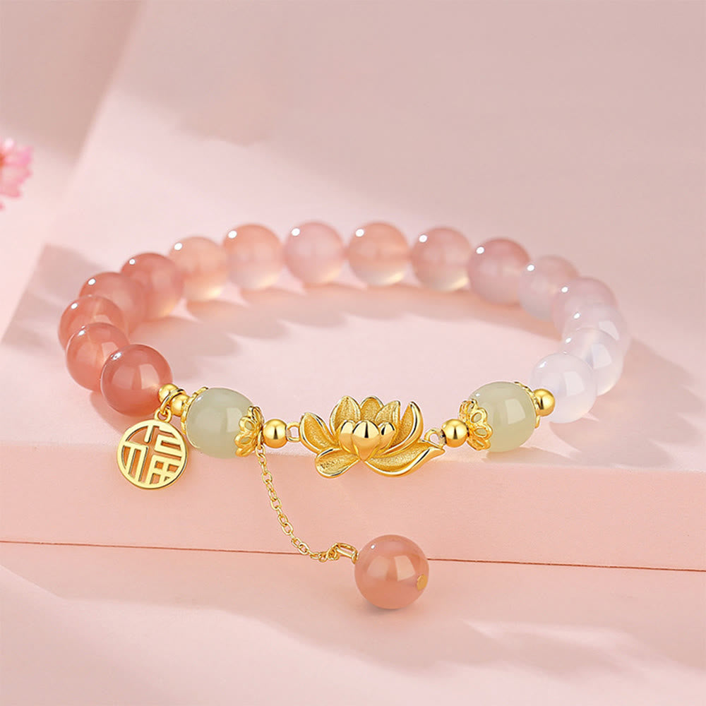 Buddha Stones 925 Sterling Silver Natural Gradient Agate Hetian Jade Lotus Fu Character Enlightenment Bracelet - Agate(Wrist Circumference 14-16cm) - image 0