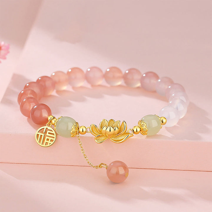 Buddha Stones 925 Sterling Silver Natural Gradient Agate Hetian Jade Lotus Fu Character Enlightenment Bracelet - Agate(Wrist Circumference 14-16cm) - image 0