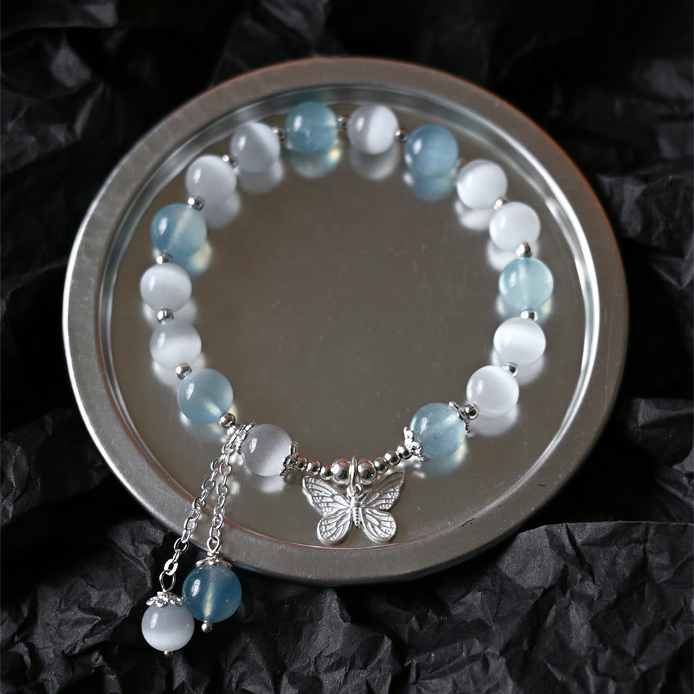 Buddha Stones Cat's Eye Aquamarine Butterfly Charm Support Bracelet - Aquamarine(Wrist Circumference 14-16cm) - image 0
