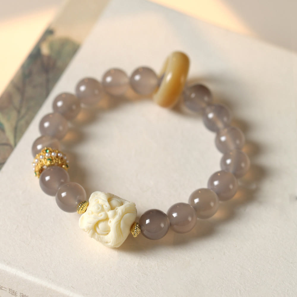 Buddha Stones Amber Gray Agate Ivory Fruit Confidence Bracelet - Gray Agate(Wrist Circumference 14-16cm) - image 6