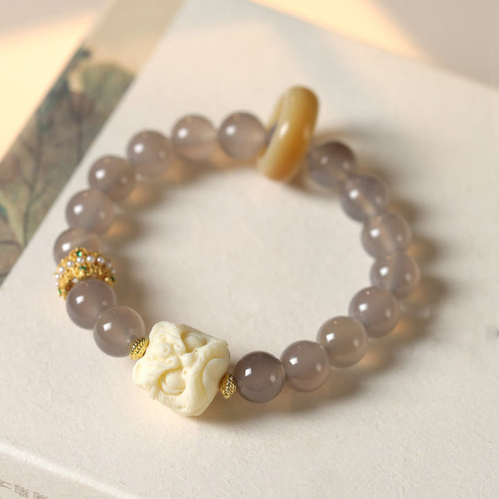 Buddha Stones Amber Gray Agate Ivory Fruit Confidence Bracelet - Gray Agate(Wrist Circumference 14-16cm) - image 6