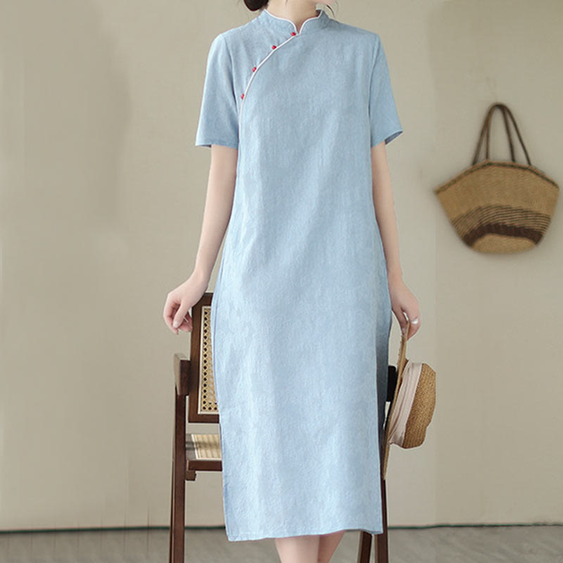 Buddha Stones Jacquard Solid Color Cotton Linen Short Sleeve Cheongsam Qipao Midi Dress With Pockets - image 4