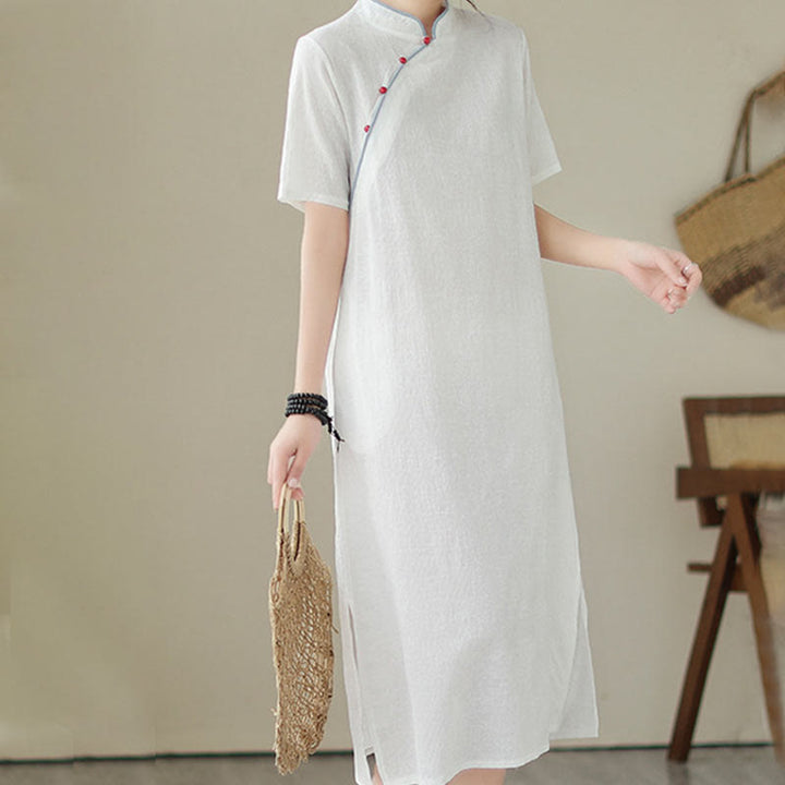 Buddha Stones Jacquard Solid Color Cotton Linen Short Sleeve Cheongsam Qipao Midi Dress With Pockets - White - US8-10，UK/AU12-14，EU40-42 (2XL) - image 13