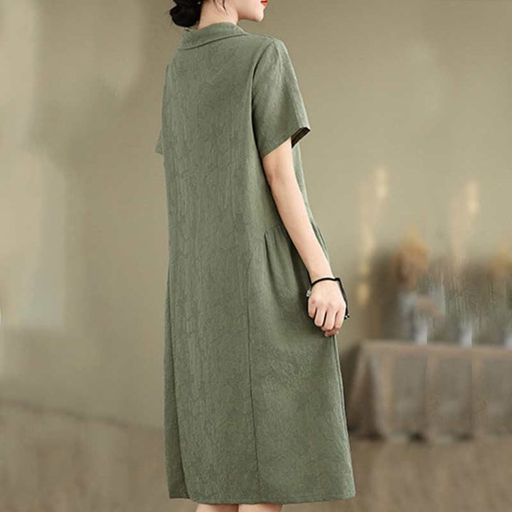 Buddha Stones Plain Jacquard Lapel Cotton Linen Short Sleeve Midi Dress With Pockets - image 8
