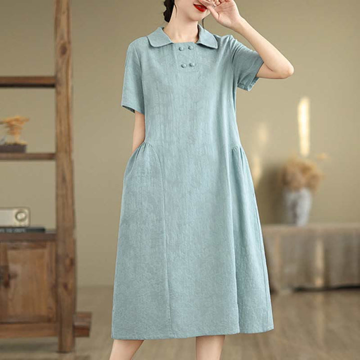 Buddha Stones Plain Jacquard Lapel Cotton Linen Short Sleeve Midi Dress With Pockets - image 24