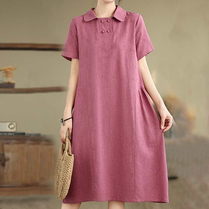Buddha Stones Plain Jacquard Lapel Cotton Linen Short Sleeve Midi Dress With Pockets - MediumVioletRed - US8-10，UK/AU12-14，EU40-42 (2XL) - image 0