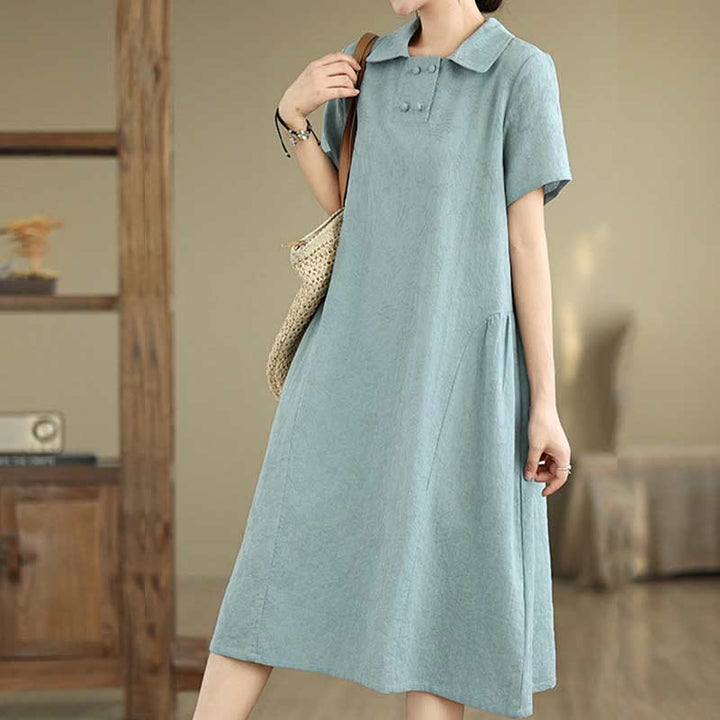 Buddha Stones Plain Jacquard Lapel Cotton Linen Short Sleeve Midi Dress With Pockets - image 22