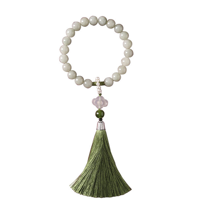 Buddha Stones Green Jade Beads Pearl Prosperity Tassels Wrist Mala - image 14