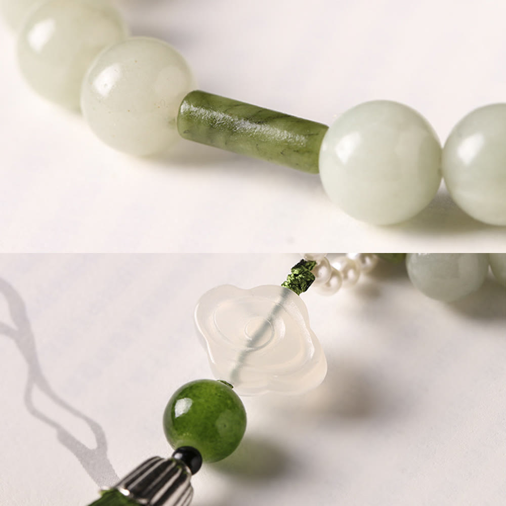 Buddha Stones Green Jade Beads Pearl Prosperity Tassels Wrist Mala - image 12