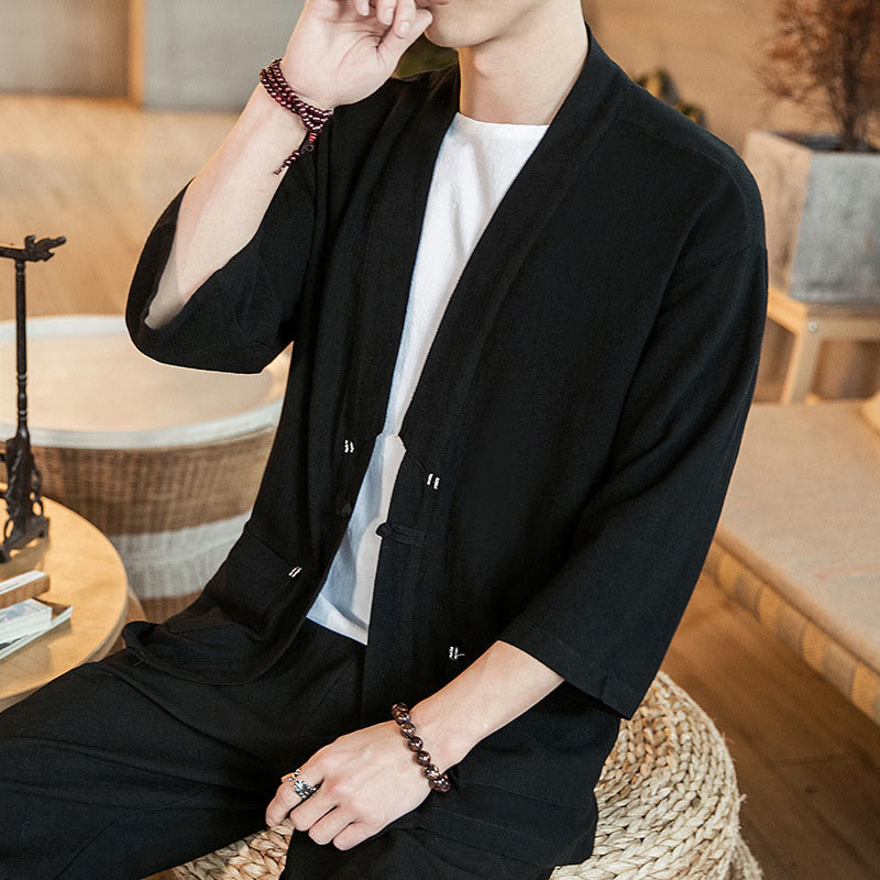 Buddha Stones Plain Chinese Frog-Button Jacket Cotton Linen Men's Three Quarter Sleeve Kimono - Black - US/UK/AU46，EU56 (5XL) - image 8