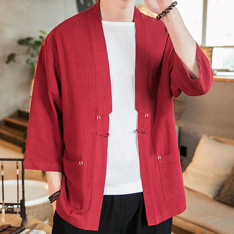 Buddha Stones Plain Chinese Frog-Button Jacket Cotton Linen Men's Three Quarter Sleeve Kimono - image 27