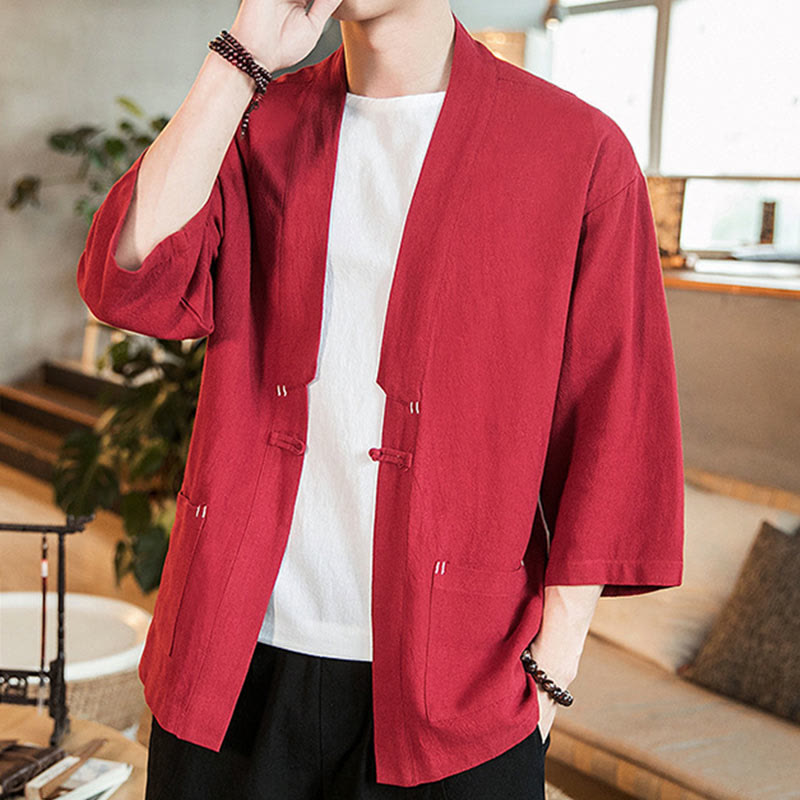 Buddha Stones Plain Chinese Frog-Button Jacket Cotton Linen Men's Three Quarter Sleeve Kimono - image 23