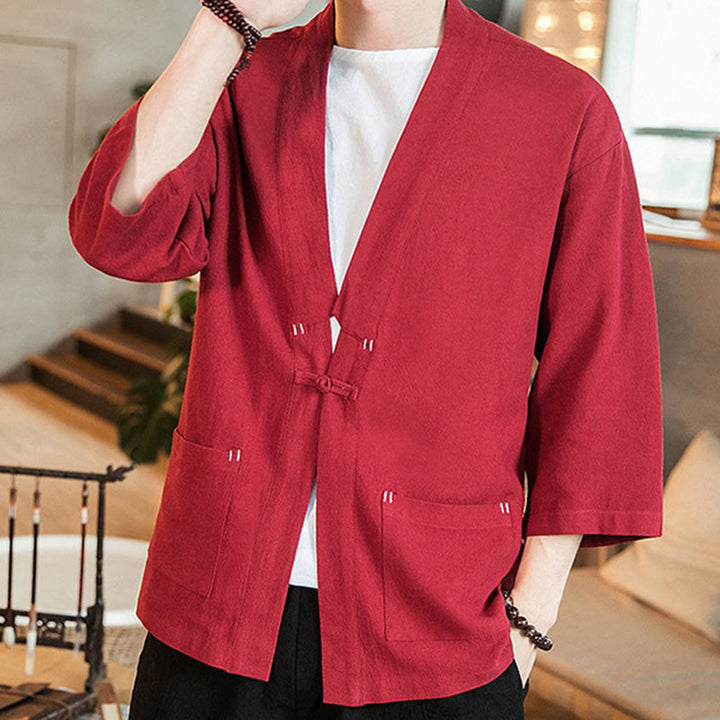 Buddha Stones Plain Chinese Frog-Button Jacket Cotton Linen Men's Three Quarter Sleeve Kimono - image 22