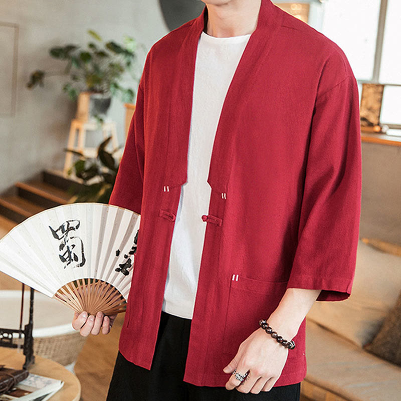 Buddha Stones Plain Chinese Frog-Button Jacket Cotton Linen Men's Three Quarter Sleeve Kimono - image 21