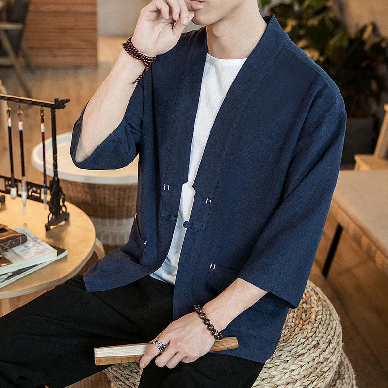 Buddha Stones Plain Chinese Frog-Button Jacket Cotton Linen Men's Three Quarter Sleeve Kimono - image 7