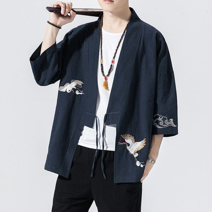 Buddha Stones Embroidery Open Front Jacket Cotton Linen Men's Three Quarter Sleeve Kimono - Navy - US/UK/AU46，EU56 (5XL) - image 0