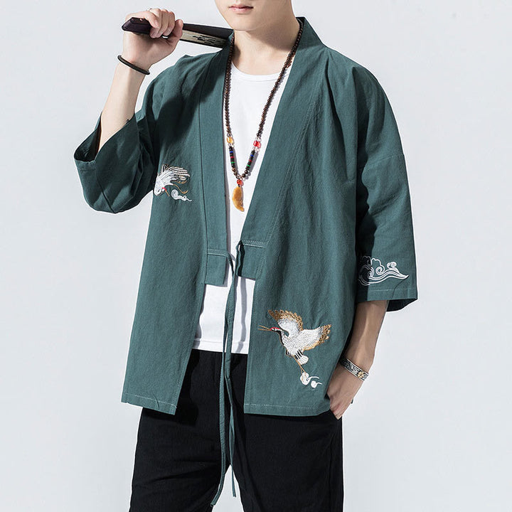 Buddha Stones Embroidery Open Front Jacket Cotton Linen Men's Three Quarter Sleeve Kimono - CadetBlue - US/UK/AU46，EU56 (5XL) - image 24