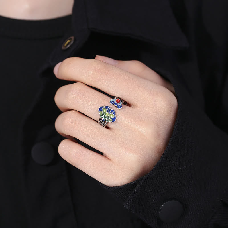 Buddha Stones Lotus Flower Copper Coins Ruyi Handle Pattern Enlightenment Adjustable Ring - image 3