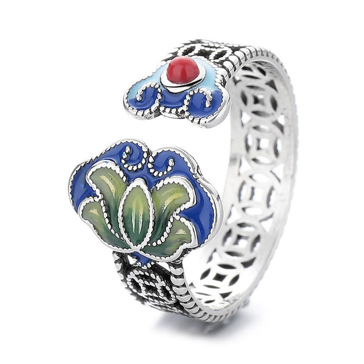 Buddha Stones Lotus Flower Copper Coins Ruyi Handle Pattern Enlightenment Adjustable Ring - image 5
