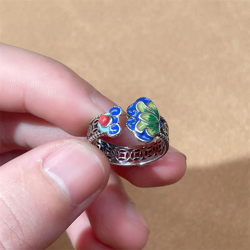 Buddha Stones Lotus Flower Copper Coins Ruyi Handle Pattern Enlightenment Adjustable Ring - image 4